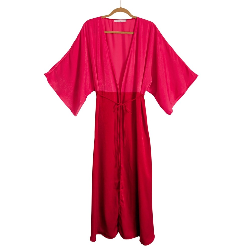 NA-KD Romantic Boho Dopamine Red & Pink Colorblock Maxi Satin Kimono Duster